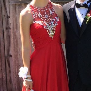 Long Red Beaded Prom Dress Size 0